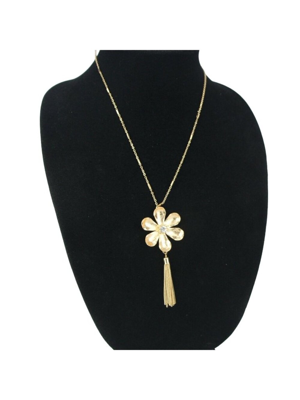 LC Lauren Conrad Long Necklace with Gold Tone Flower & Tassel Rhinestone Center